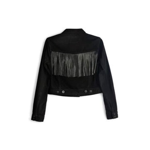 $299 PAIGE Cecily Leather FRINGED Short DENIM Jacket BLACK HAWK ( S ) - Picture 3 of 3